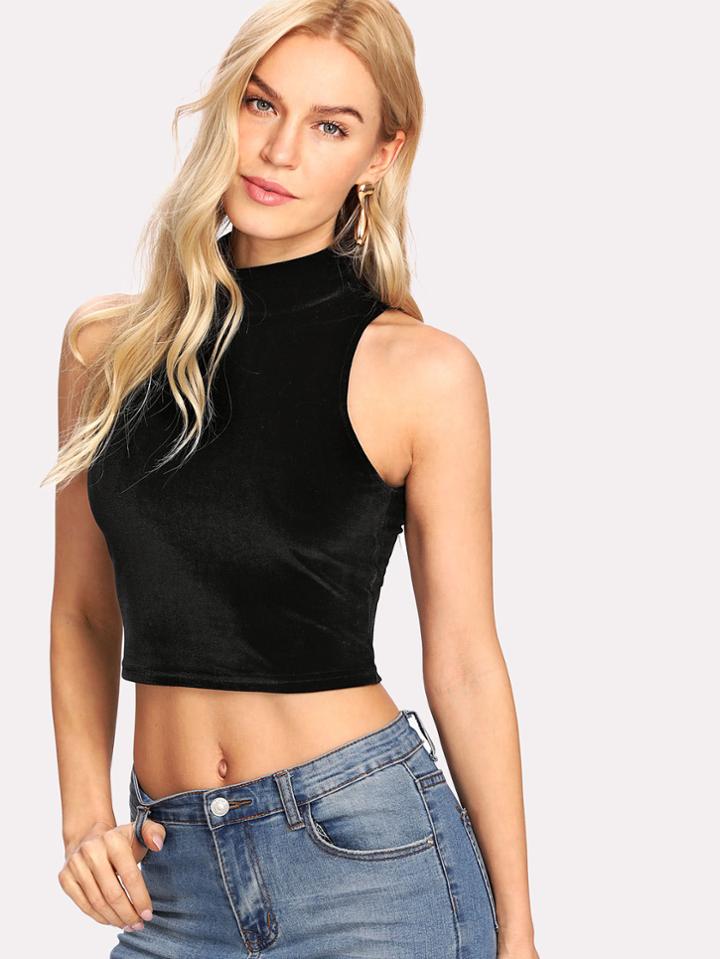 Romwe Velvet High Neck Crop Top