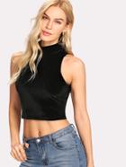 Romwe Velvet High Neck Crop Top