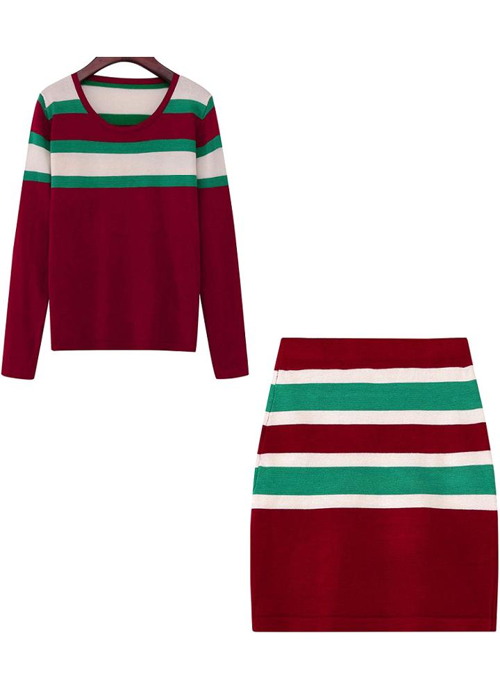Romwe Long Sleeve Striped Sweater With Knit Red Skirt