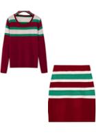 Romwe Long Sleeve Striped Sweater With Knit Red Skirt