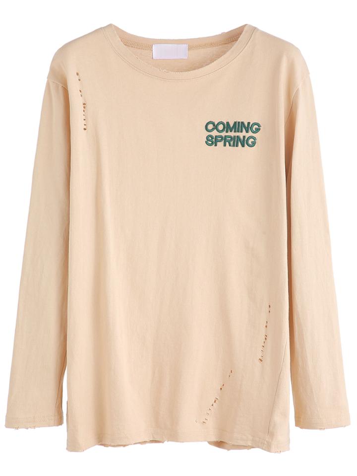 Romwe Apricot Letter Embroidered Distressed T-shirt
