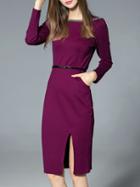 Romwe Purple Belted Pockets Split Sheath Dress