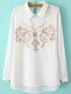 Romwe Dip Hem Doll Collar Embroidered Blouse
