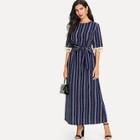 Romwe Tassel Trim Striped Dress With Belt