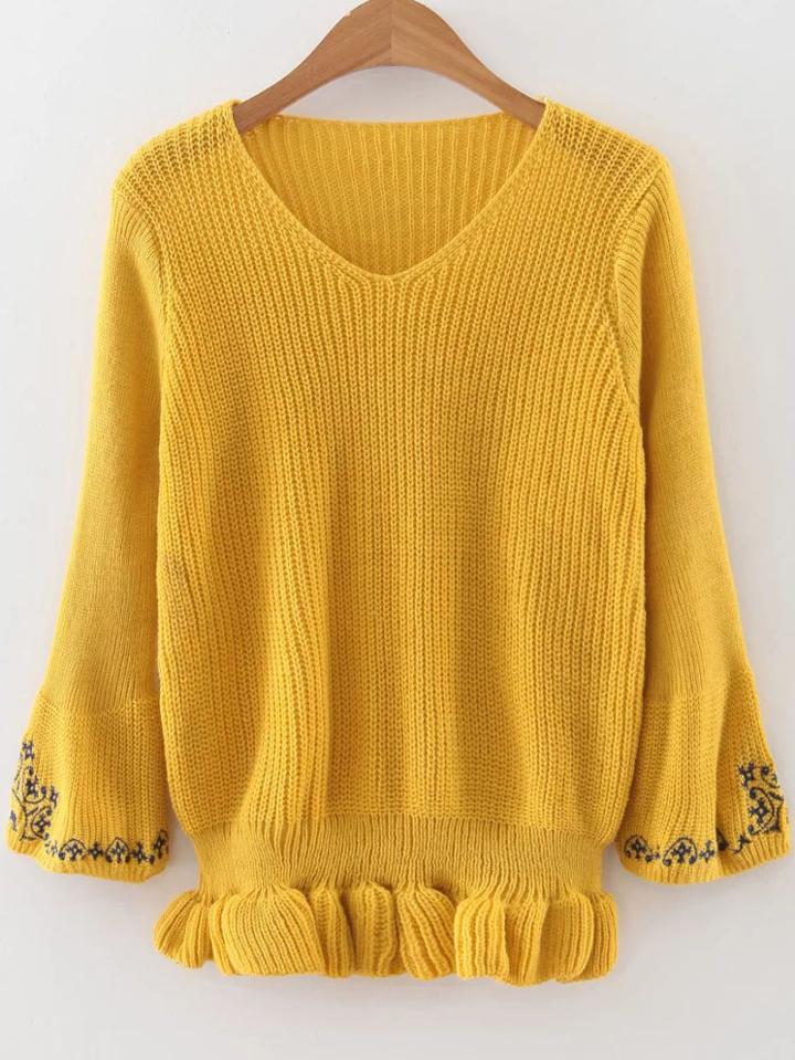 Romwe Yellow V Neck Embroidery Sleeve Peplum Sweater