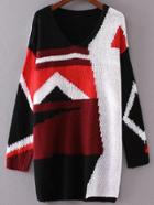 Romwe Color Block V Neck Loose Sweater