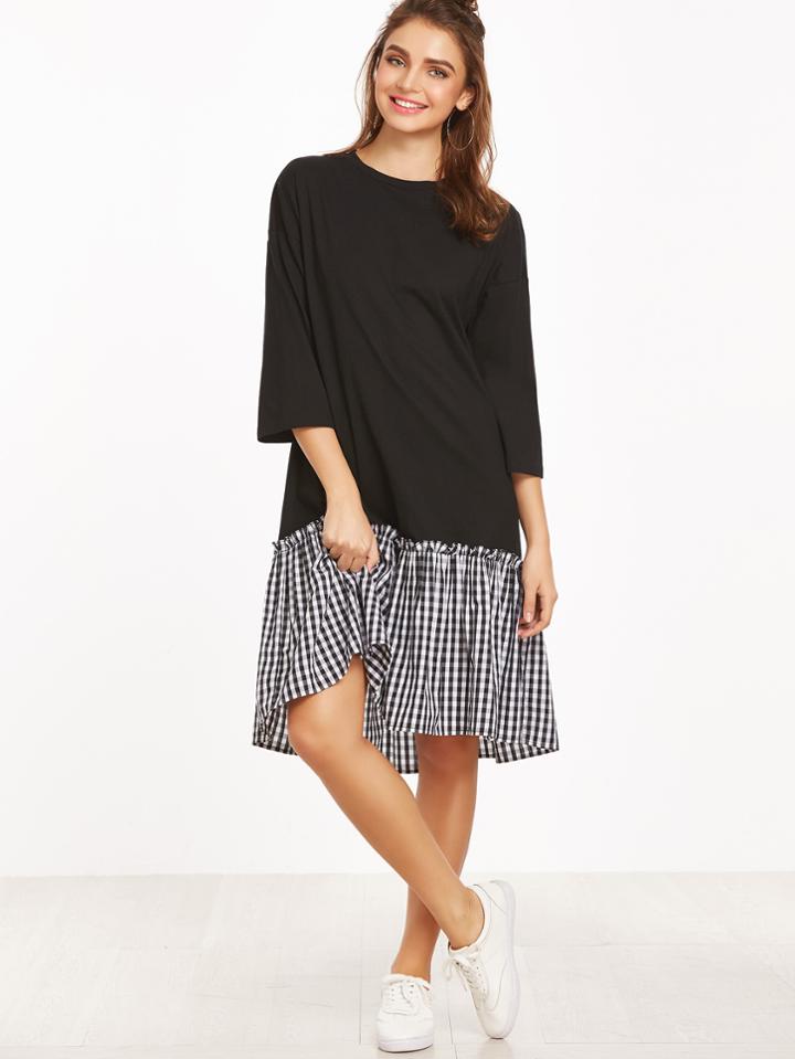 Romwe Gingham Frill Hem Dress