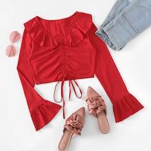 Romwe Ruffle Trim Drawstring Front Tee