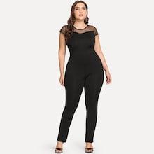 Romwe Plus Contrast Mesh Sheer Detail Jumpsuit