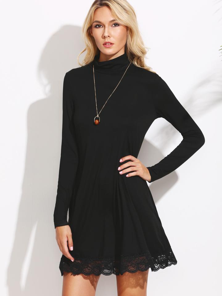 Romwe Cowl Neck Lace Trim Shift Dress