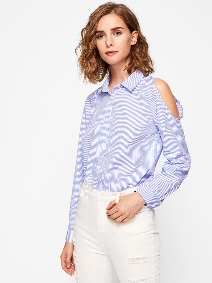 Romwe Cutout Shoulder Pinstripe Shirt