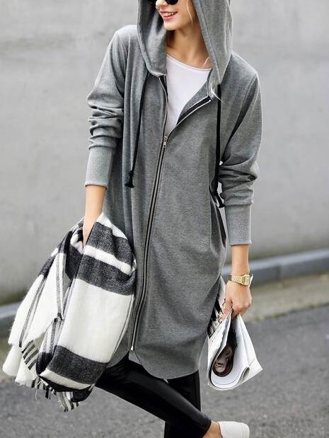 Romwe Grey Hooded With Zipper Sweatshirt