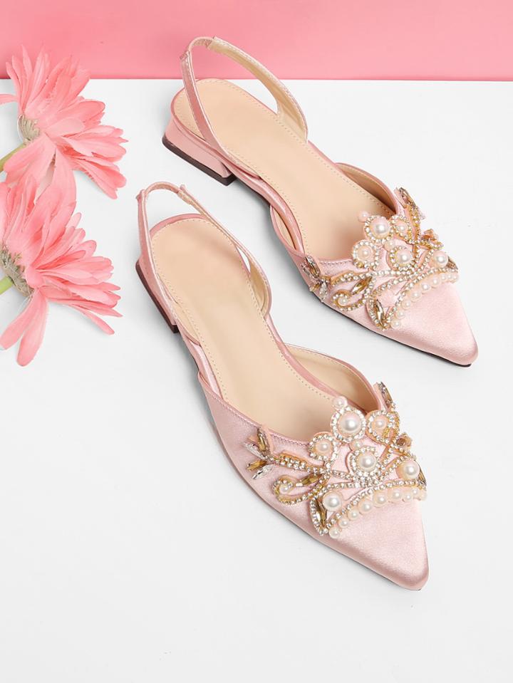 Romwe Faux Pearl Satin Ballet Flats