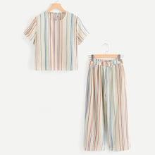 Romwe Plus Round Neck Striped Top With Pants