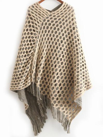 Romwe V Neck Hollow Fringe Apricot Poncho