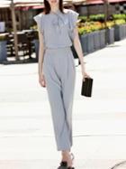 Romwe Grey Tie Neck Ruffle Sleeve Pockets Jumpsuit