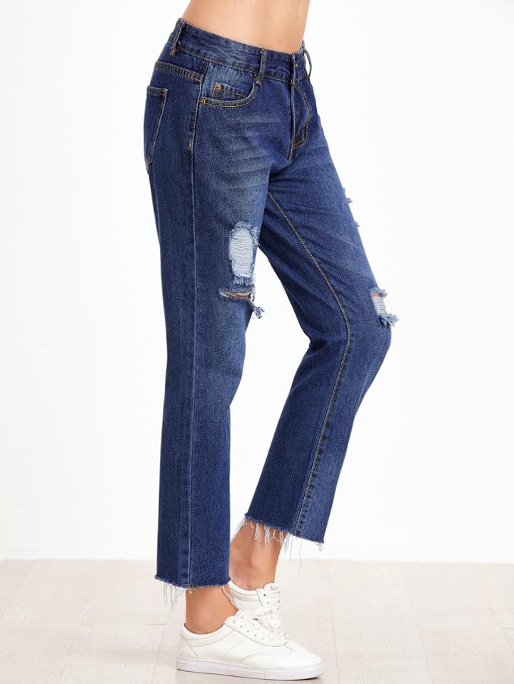 Romwe Deep Blue Ripped Frayed Hem Jeans