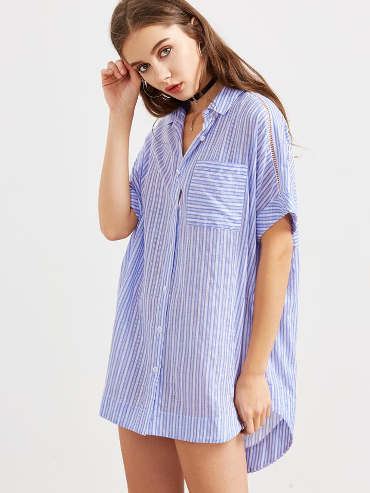 Romwe Blue Striped Eyelet Lace Insert High Low Blouse