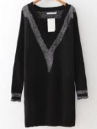 Romwe Black V Neck Contrast Trim Sweater Dress