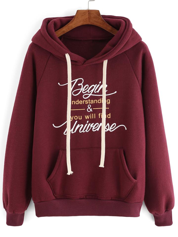 Romwe Letters Print Hoooded Drawstring Sweatshirt