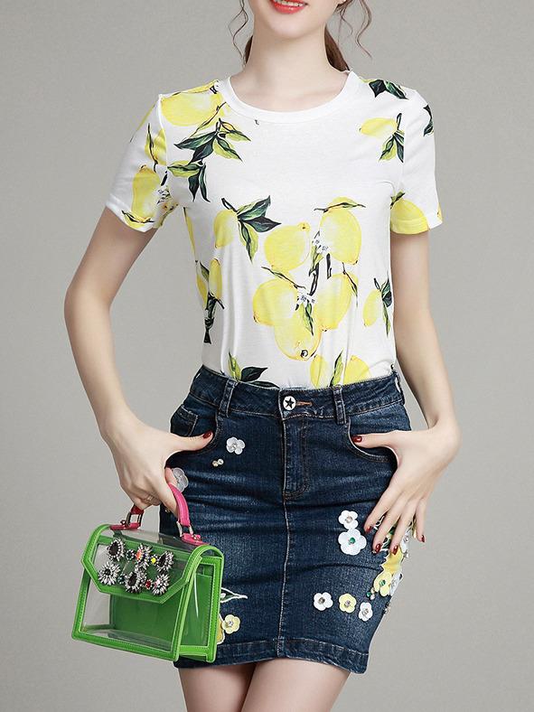 Romwe White Lemons Top With Denim Beading Applique Skirt