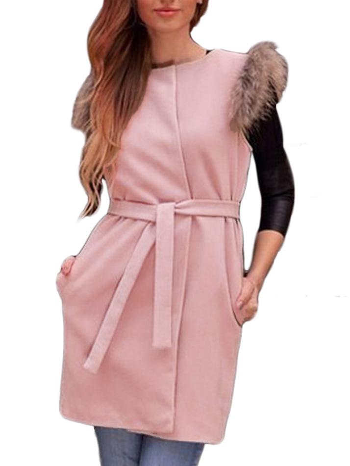 Romwe Round Neck Belt Pockets Pink Vest