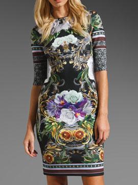 Romwe Round Neck Florals Fitted Dress