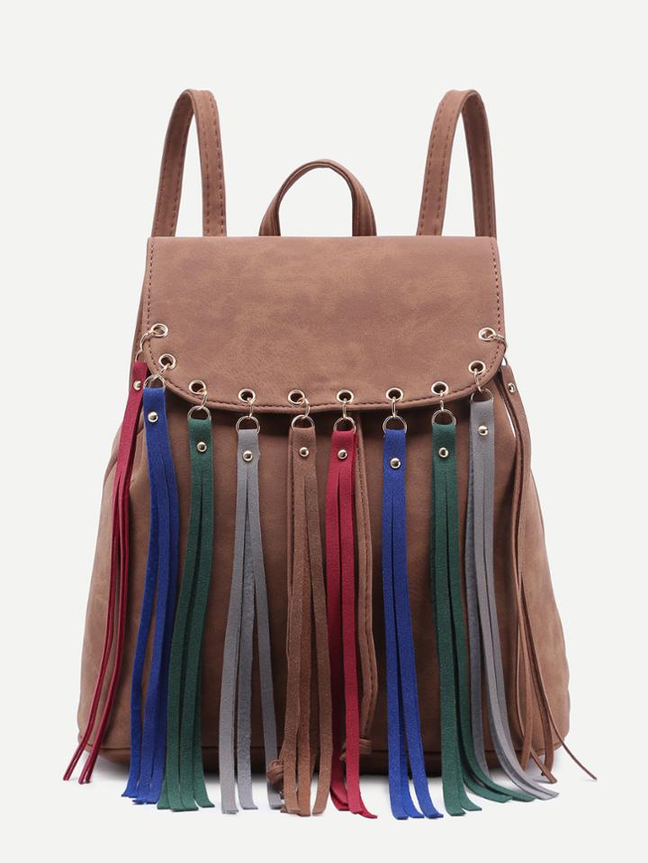 Romwe Brown Faux Leather Multicolor Fringe Flap Backpack