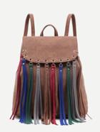 Romwe Brown Faux Leather Multicolor Fringe Flap Backpack