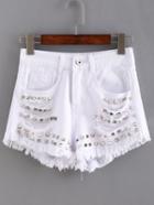 Romwe Ripped Studded White Denim Shorts