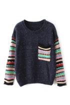 Romwe Pocketed Striped Navy Blue Jumper