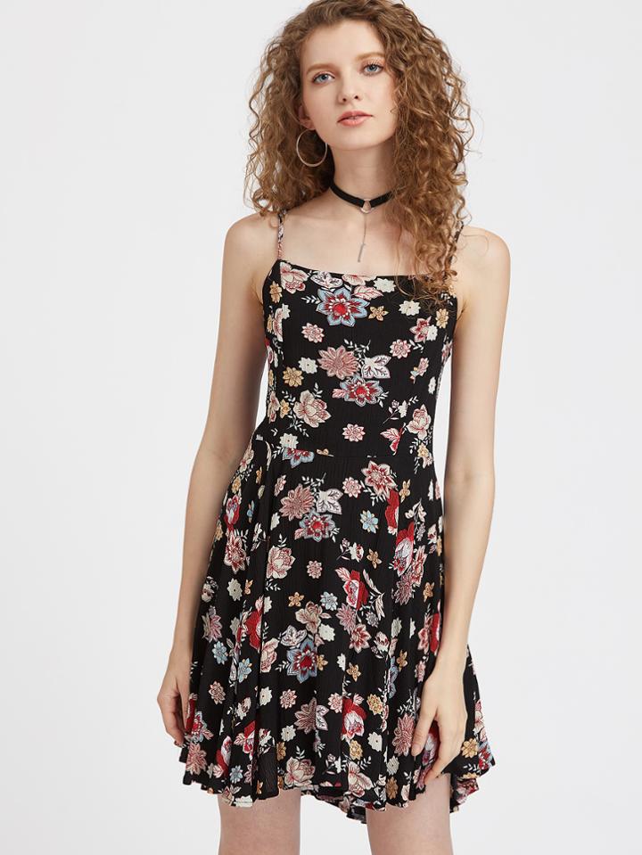Romwe Open Back Floral Swing Cami Dress