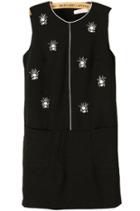 Romwe Sleeveless With Bead Pockets Straight Black Dress