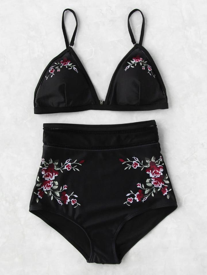 Romwe Calico Print Ladder Trim High Waist Bikini Set