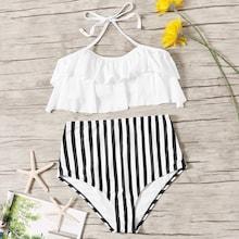 Romwe Tiered Layer Top With Striped High Waist Bikini