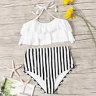 Romwe Tiered Layer Top With Striped High Waist Bikini