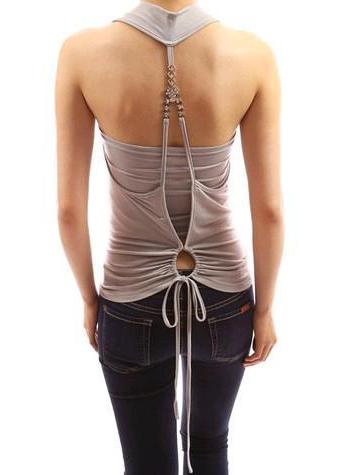 Romwe Halter Back Lace Up Slim Grey Top