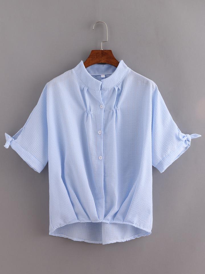 Romwe Dip Hem Vertical Striped Bow Blouse