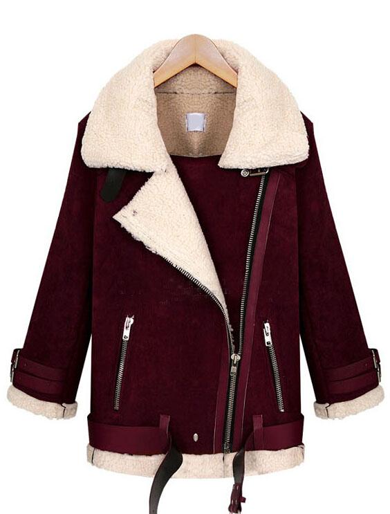 Romwe Oblique Zipper Lapel Wine Red Coat