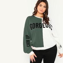 Romwe Plus Two-tone Letter Print Pullover