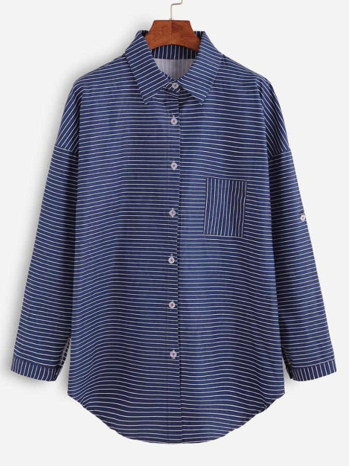 Romwe Navy Striped Drop Shoulder Shirt