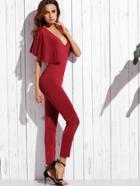Romwe Burgundy Open Back Cape Sleeve Skinny Jumpsuit