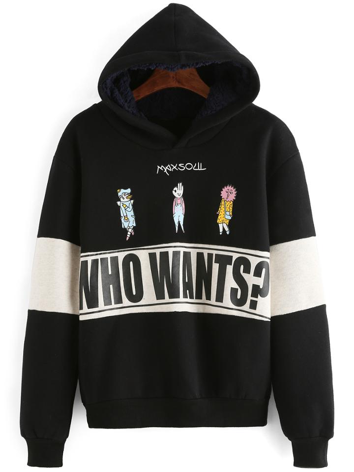 Romwe Hooded Cartoon Letters Print Sweatshirt