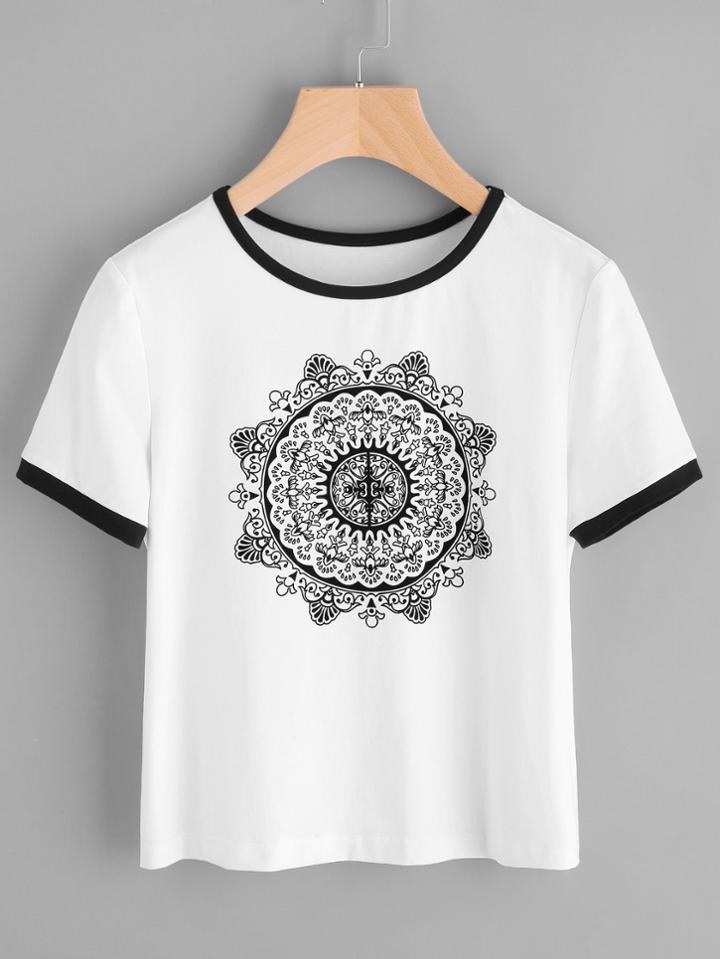 Romwe Mandala Print Ringer Tee