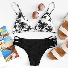 Romwe Palm Tree Print Top With Ladder Cut-out Bikini