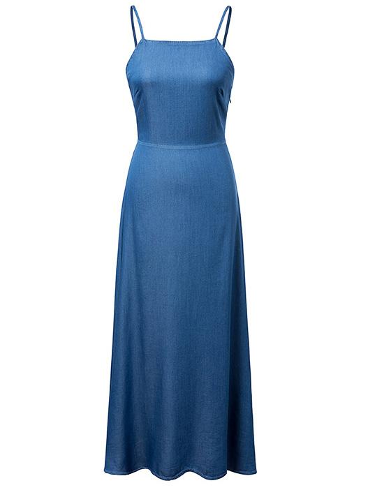 Romwe Blue Spaghetti Strap Lace Up Hollow Back Dress