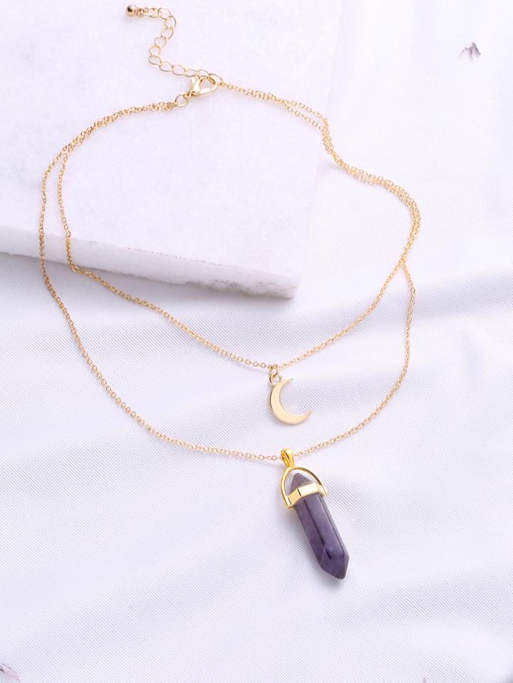 Romwe Purple Pendant Double Layered Necklace