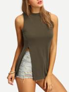 Romwe Army Green Mock Neck Split Tank Top