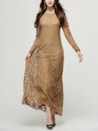 Romwe Camel Lace Overlay Long Sleeve Dress