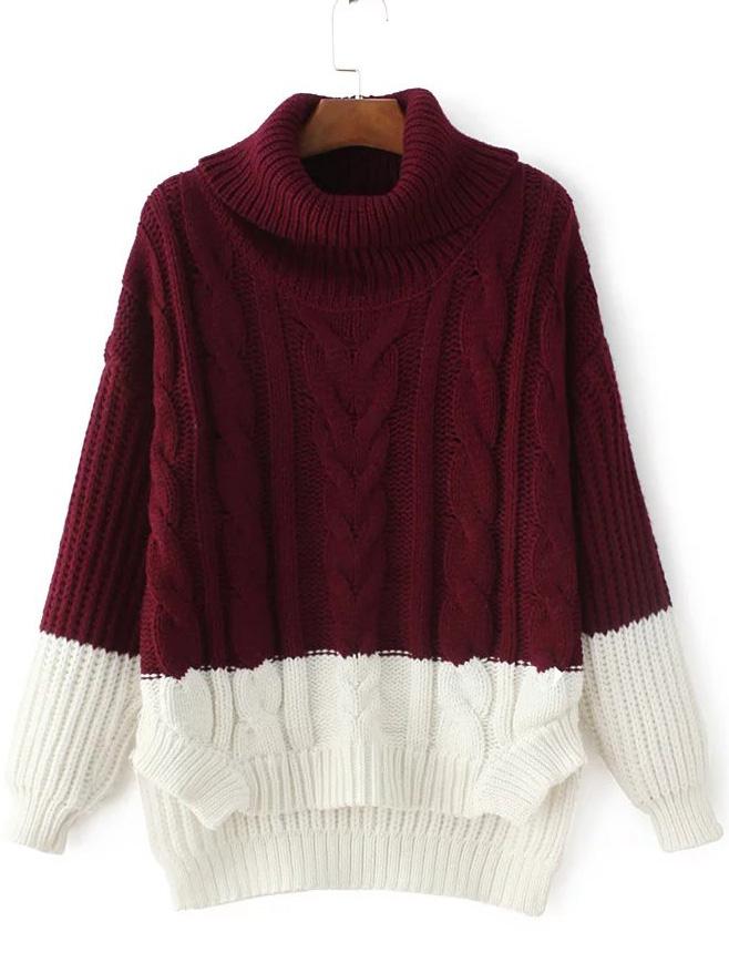 Romwe Color Block Cable Knit Turtleneck High Low Sweater